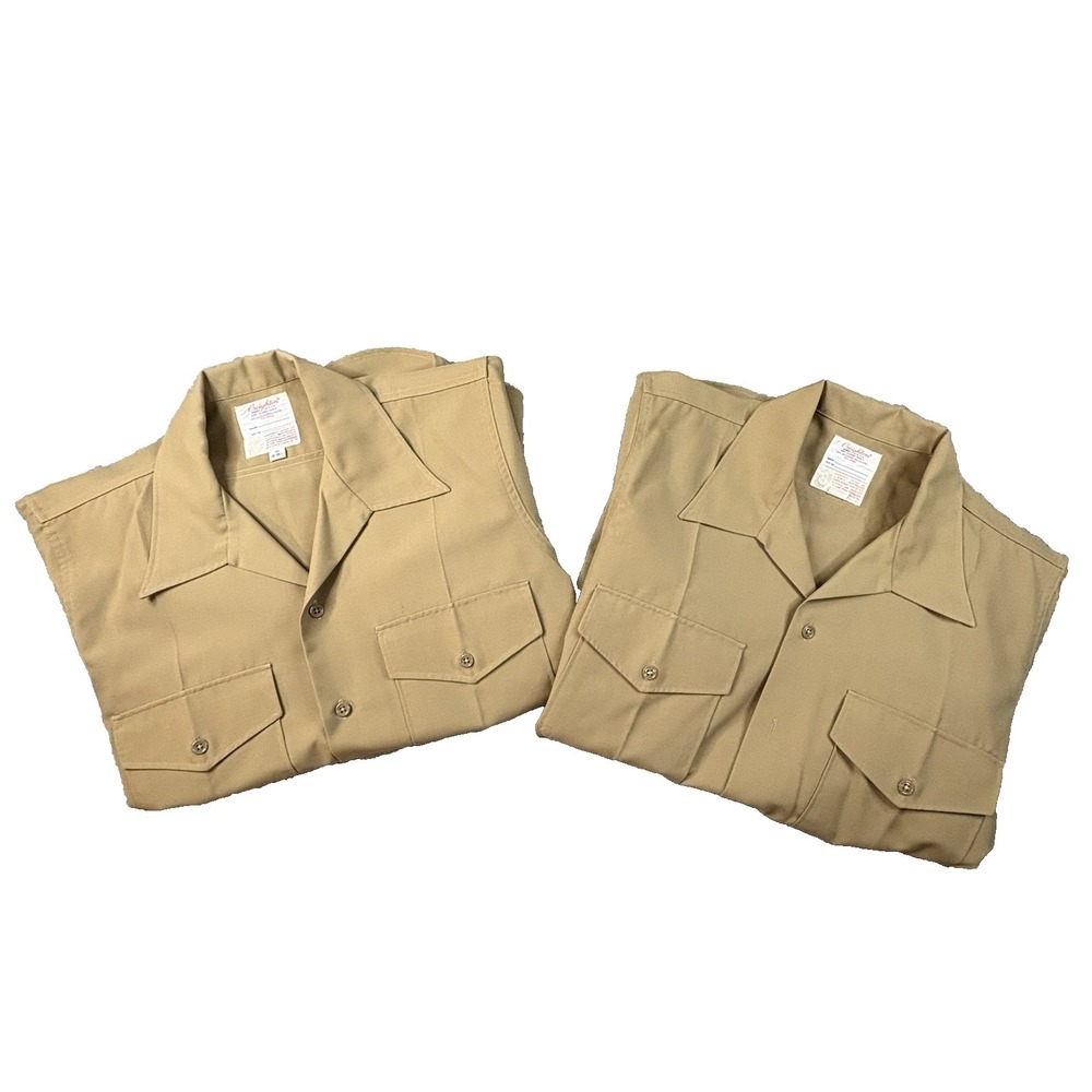 LOT OF 2 VTG Men's M Creighton USMC Tan Uniform Button Ups Made in USA SEE‎ DESC